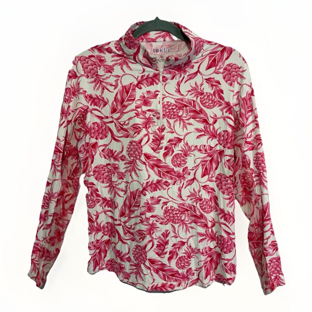 IBKUL Golf Top Women’s Size Large Pink Pineapple Leaves 1/4 Zip Mesh Performance